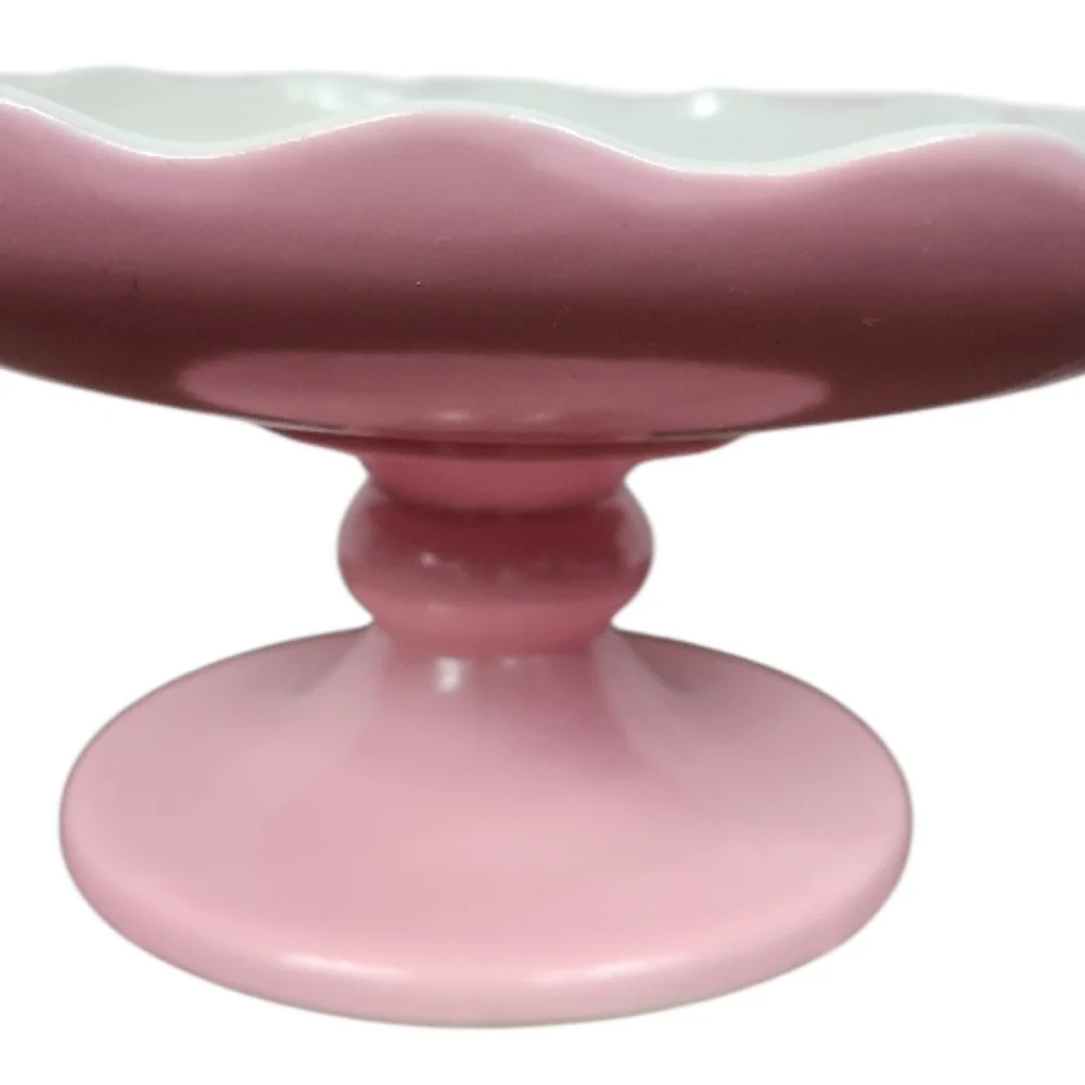HULL POTTERY Vintage Pink and White Scallop Edge Pedestal Cake Stand - Picture 5 of 5
